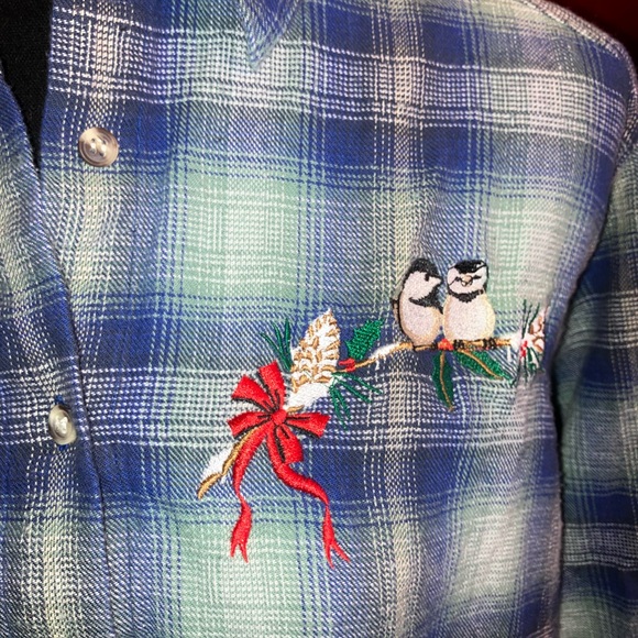 Vintage plaid Christmas shirt, blue button-down birds embroidery, Holiday medium - Picture 3 of 6